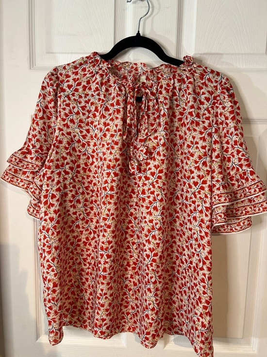 Max Studio Tops - Max Studio Red Floral Tie-Neck Flutter Sleeve Blouse